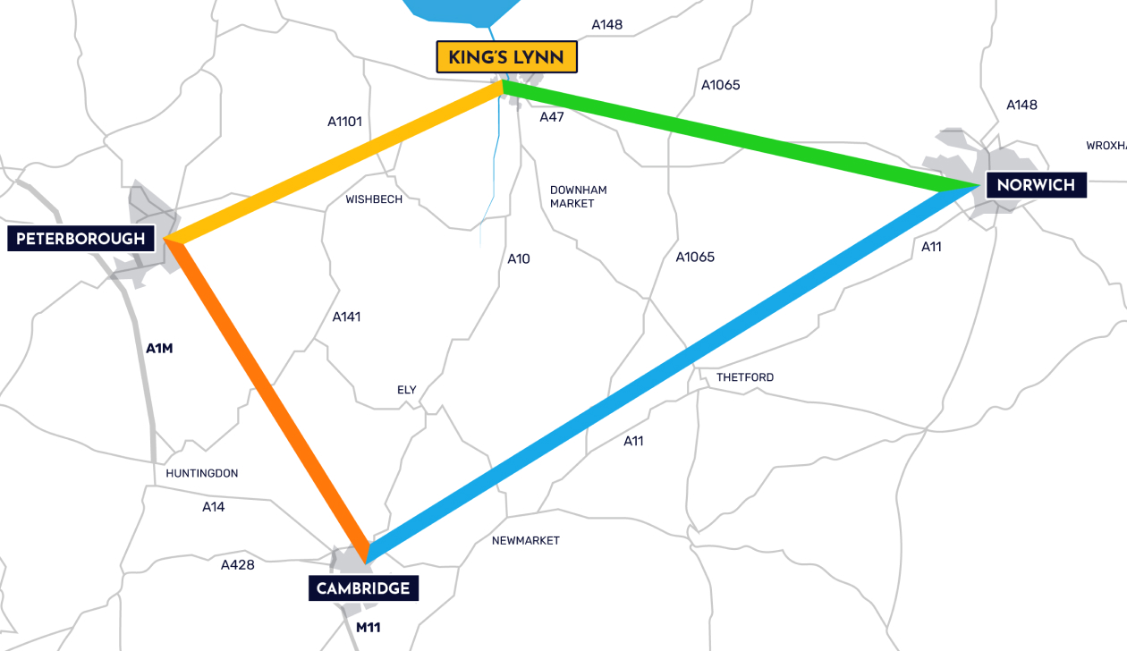 A zoomed out illustrated map showing the location of King's Lynn relative to Cambridge, Norwich, and Peterborough.